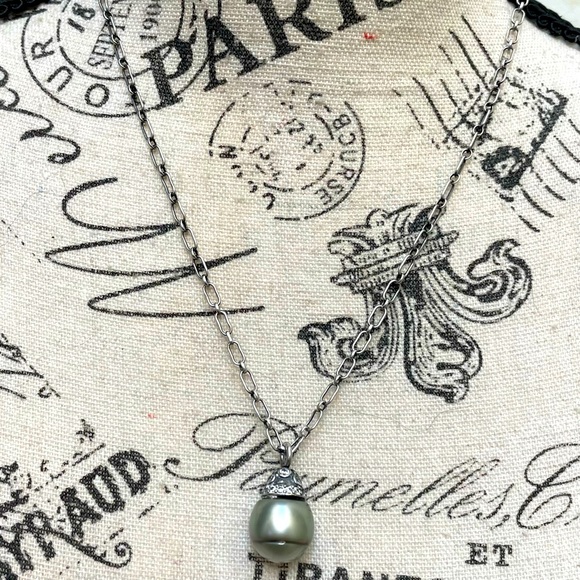 Vintage Tahitian pearl accented with CZs link necklace - Picture 4 of 7